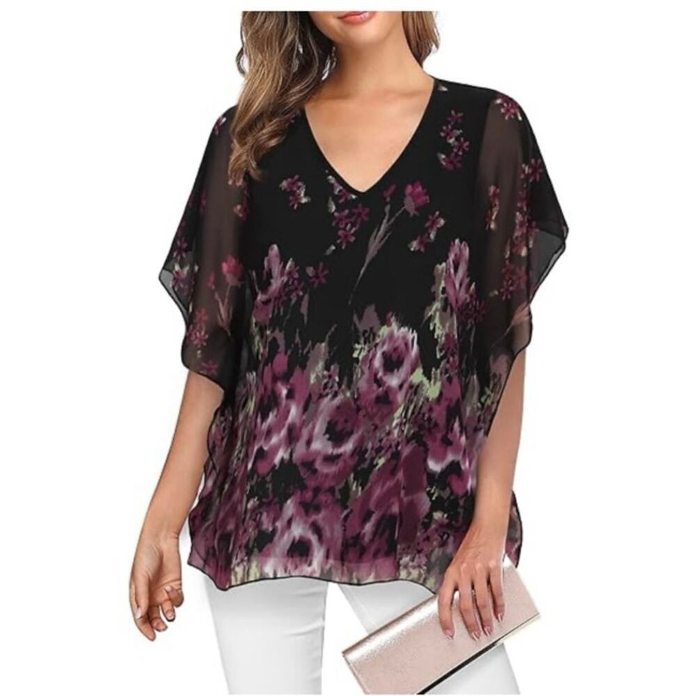Lotusmile Black Floral Flutter Sleeve Layered Whimsigoth Fairy Blouse XXXL